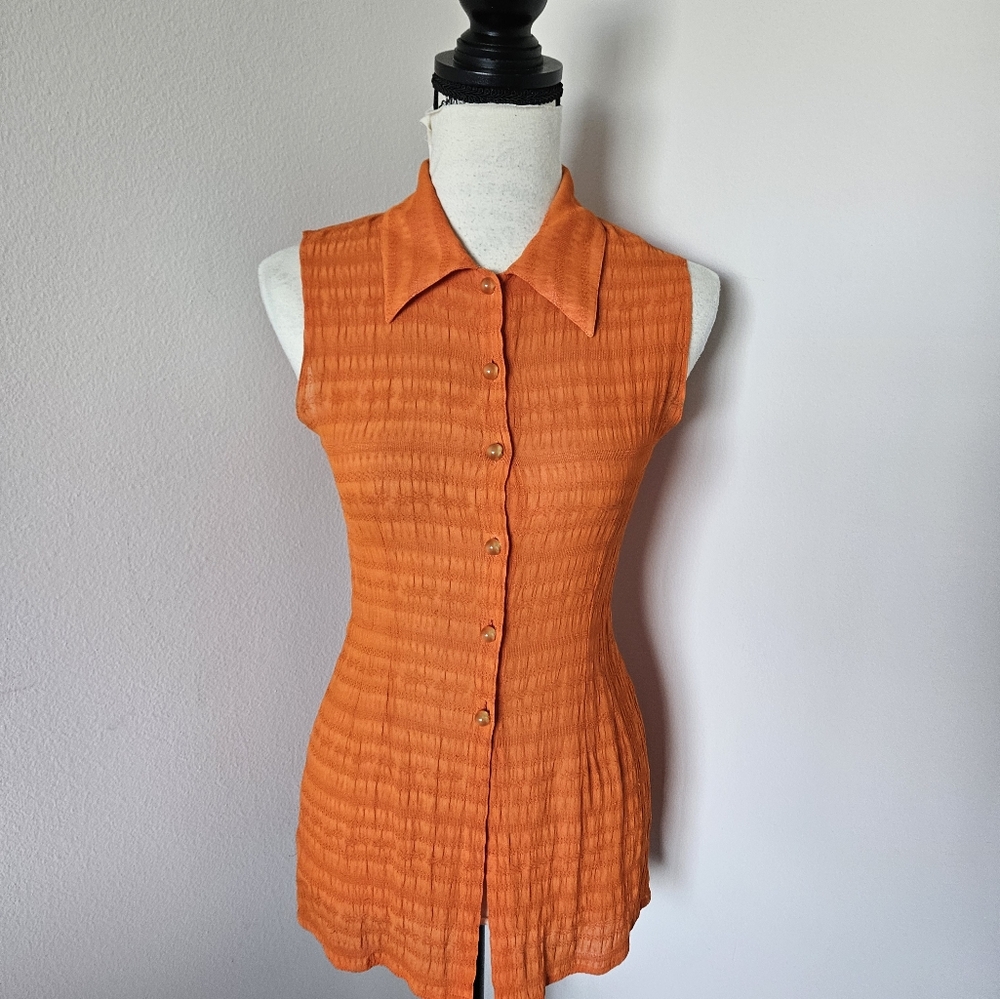 🇨🇵 Nathalie chaize orange sleeveless blouse button up size small 🇨🇵